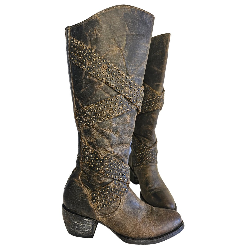 Old Gringo Buzzy Brown Boots Distressed Studded Leather Tall Zip size 6.5 B